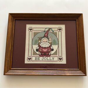 Vintage Christmas Santa Cross Stitch Framed Art Matted‎ picture wall hanging